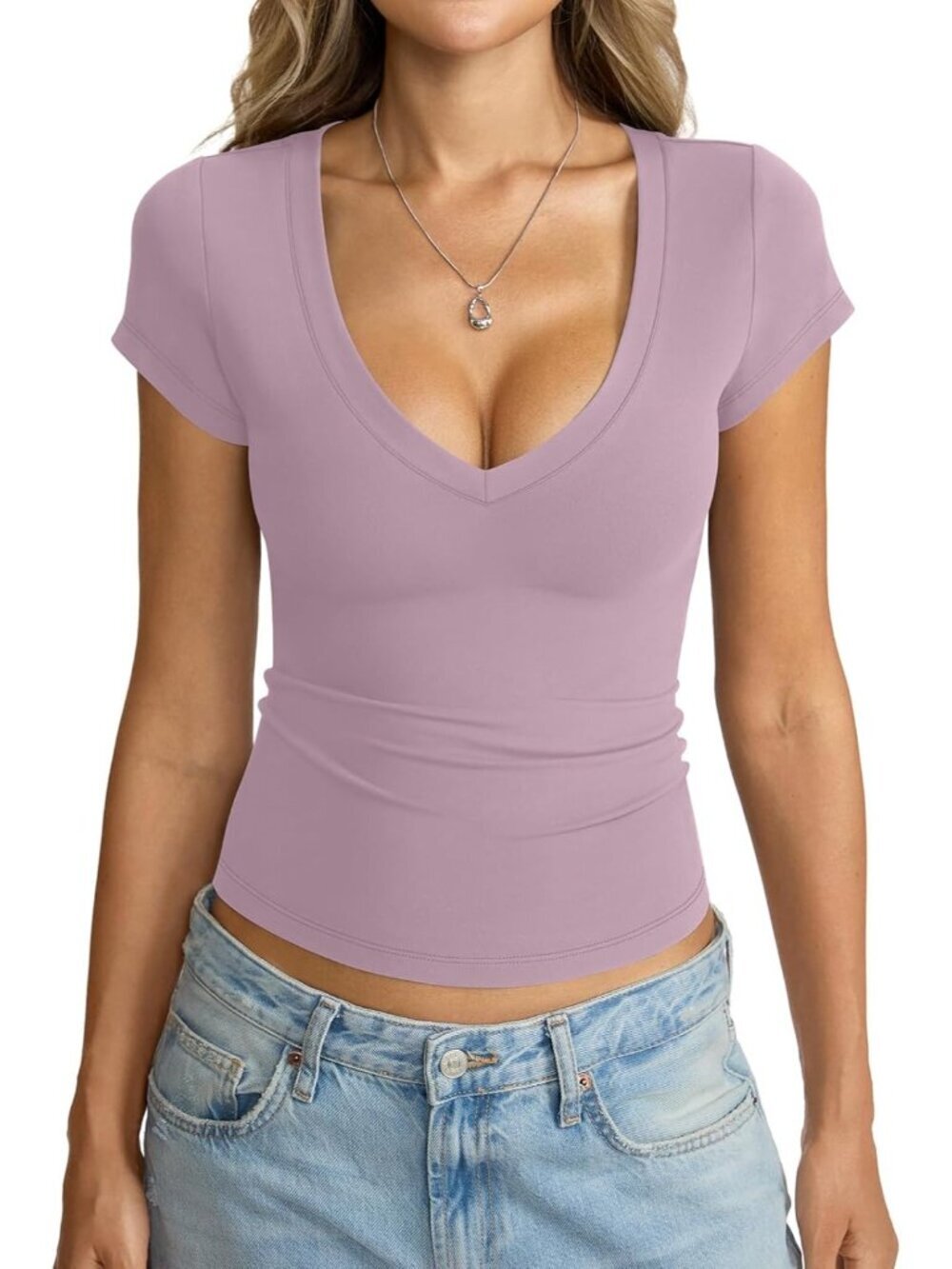 Women's Pink V Neck Short Sleeve Sexy Slim Fit Crop Tops Basic Tee Shirts